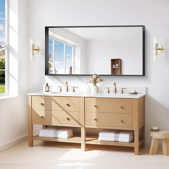 Black Bathroom Mirror, 24x48 Inch Rectangular Framed Mirror, Large Wall Mounted Bathroom Vanity Mirror Over Sink for Bedroom,Restroom, Living Room, Hangs Vertically or Horizontally-StrideForce Fitness