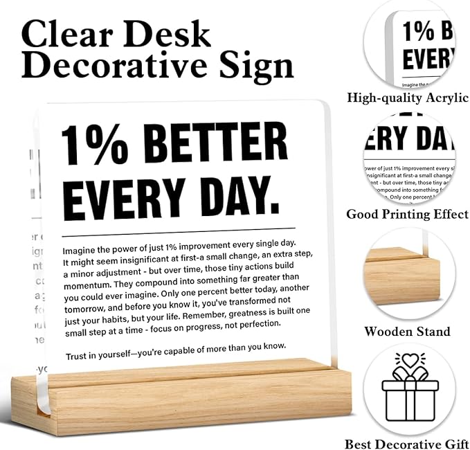 Inspirational Home Office Decor 1% Better Every Day Acrylic Plaque Sign for Office Gym Classroom, Growth Mindset Self Improvement Gifts for Coworker Employee Friend-StrideForce Fitness