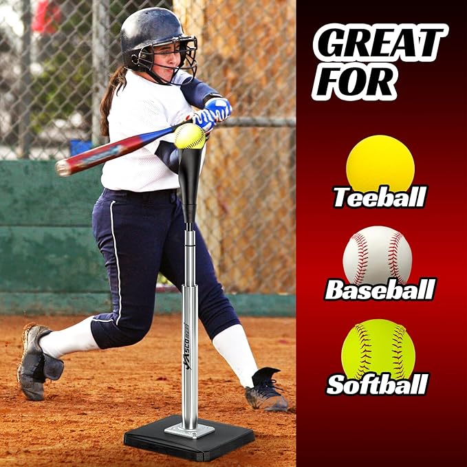 Portable Batting Tee for Baseball/Softball, Height Adjustable 24-46 inches Softball Tee for Kids and Adults,Baseball Tee with Rubber Top,Metal Base,Easy Transport and Assemble Hitting Tee-StrideForce Fitness