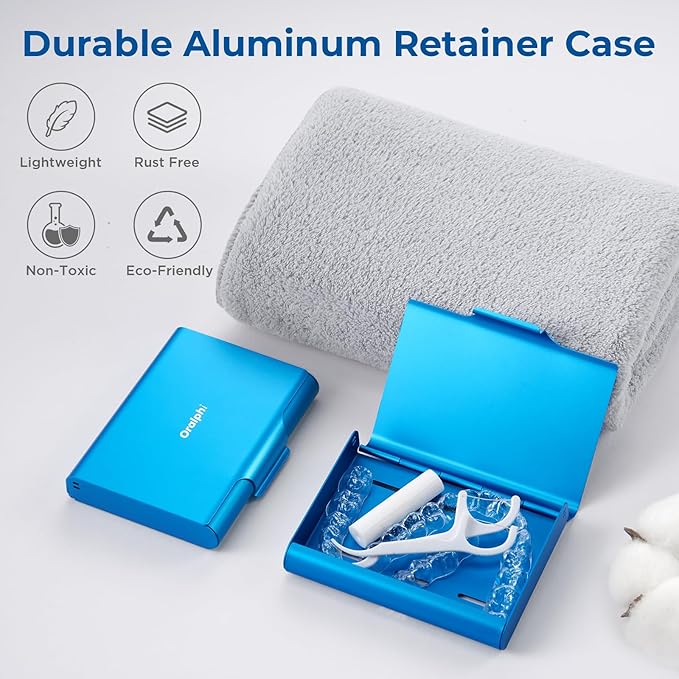 Aluminum Retainer Case for Invisalign Aligners, Partial Mouth Guard Case Denture Retainer Container Case Holder with Vent Holes, Slim Orthodontic Aligner Case for Traveling-1 Pack Blue
