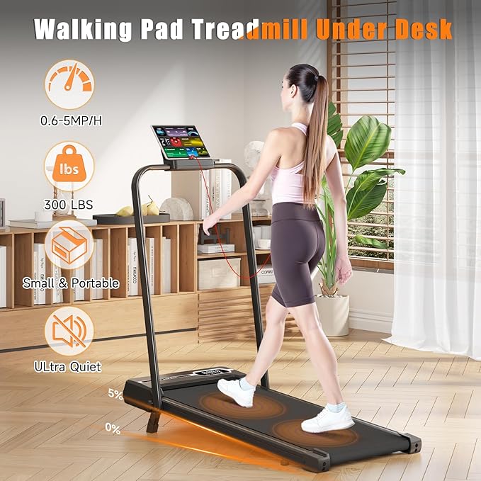 Incline Walking Pad with Handle Bar, Folding Treadmill Foldable Portable Under Desk for Home Office, Ultra Quiet <45dB, Safety Lock, 300+ LB Capacity-StrideForce Fitness