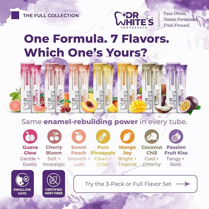 Dr. White’s Fluoride-Free nHA Toothpaste 2-Pack; Dentist-Formulated, Nano Hydroxyapatite + Xylitol, Sensitivity Relief Complex™, Mint-Free, Enamel Safe, Swallow-Safe (3.5 Oz, Passion Fruit Kiss)