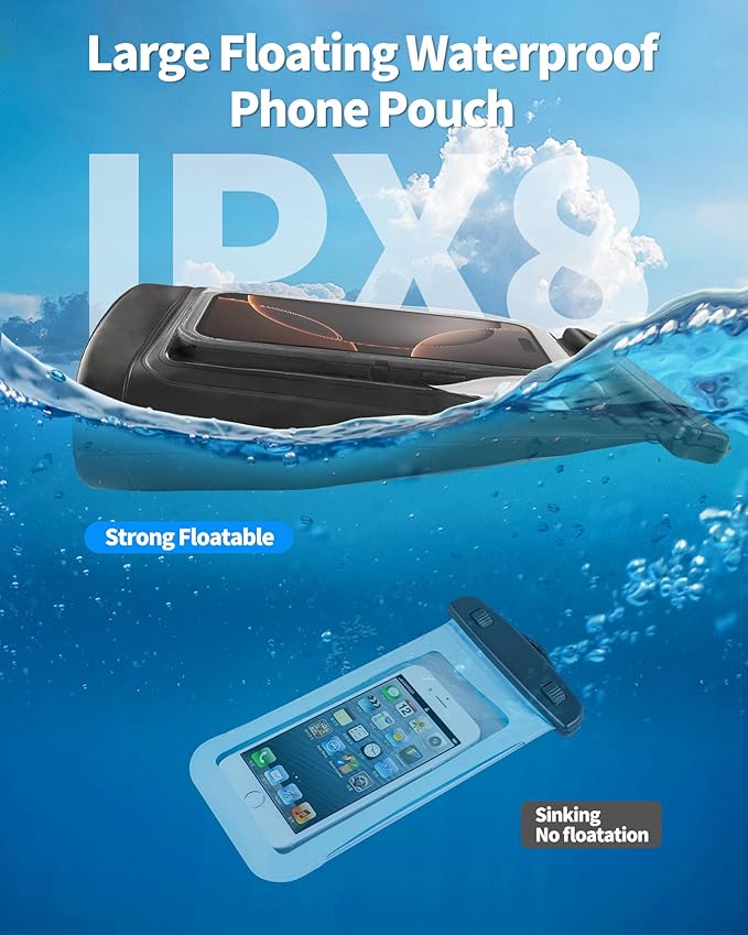 Large Waterproof Phone Pouch - [Oversized] [Floating] Water Proof Pouch for iPhone Galaxy Google and More, IPX8 Waterproof Dry Bag for Beach Vacation Belongings Clear Black-StrideForce Fitness