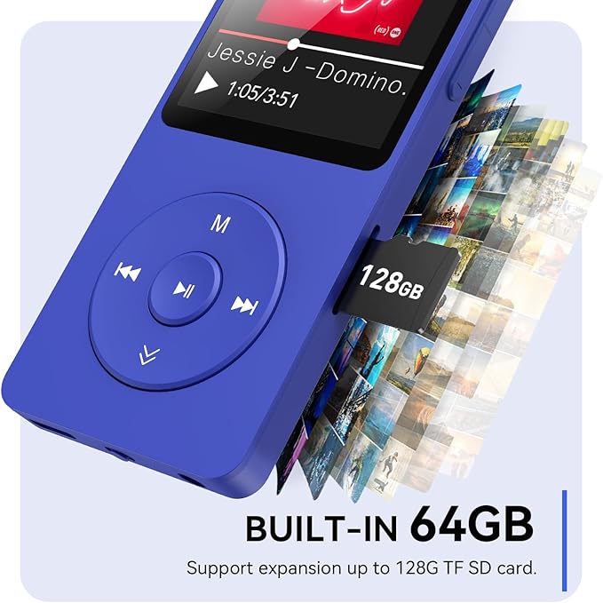 AGPTEK A02 MP3 Player with Bluetooth 5.3, 1.8 inch Screen Portable Music Player with Speaker, FM Radio, Voice Recorder, Supports Expanded Up to 128GB(Blue, 64GB)-StrideForce Fitness