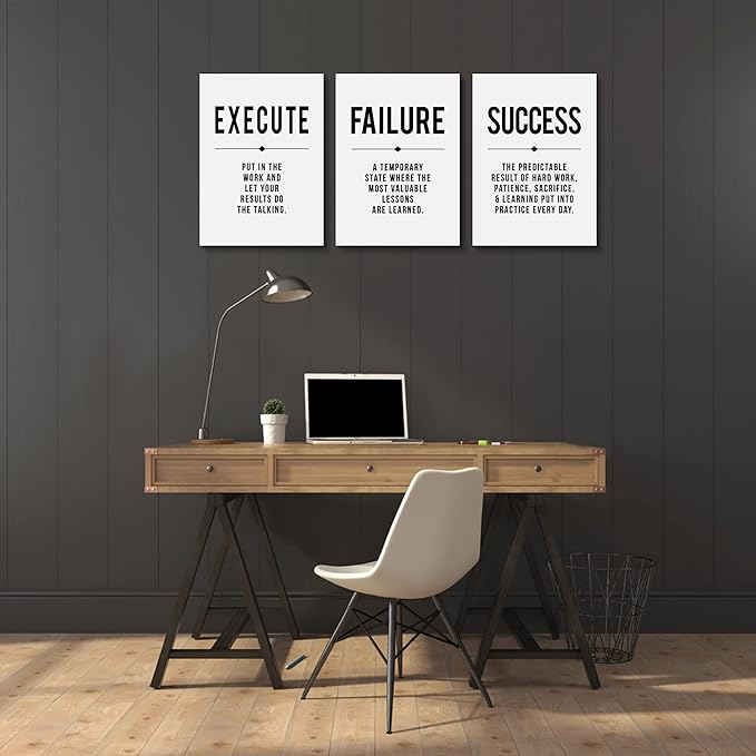 Inspirational Print - Framed Canvas Wall Art Success Quote, Office Wall Art, gift for boss, Positive Motivational Prints, Execute Failure Success Poster (D-3pcs,12x16inchx3pcs)-StrideForce Fitness