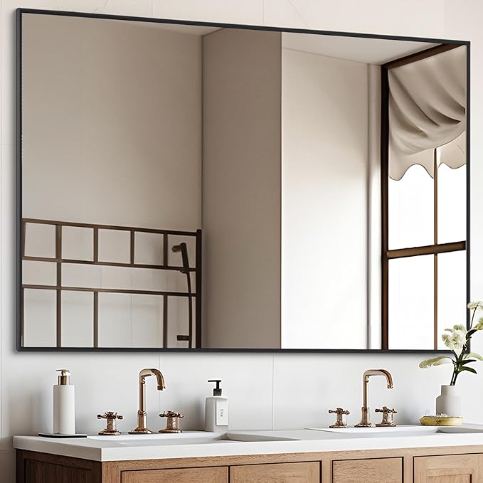 Black Bathroom Mirror for Wall, 36x48 Inch Rectangle Mirrors with Metal Frame, Modern Vanity Wall Mirror Decor for Entryway Hangs, Bathroom Living Room Horizontal or Vertical-StrideForce Fitness