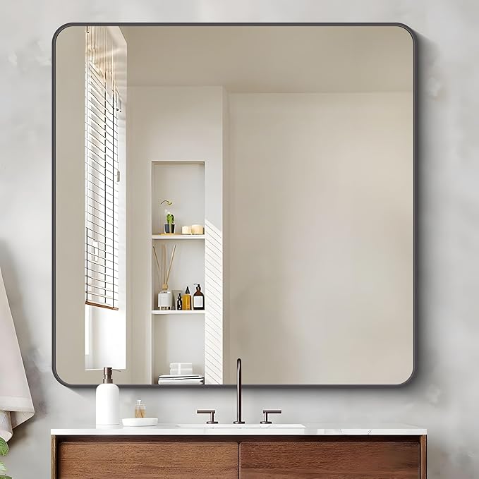 39" x 39"Bathroom Mirror, Matte Black Wall Mirror with Metal Frame, Decorative Rectangular Vanity Mirror for Bedroom Bathroom Living Room Entryway (Horizontal/Vertical)-StrideForce Fitness