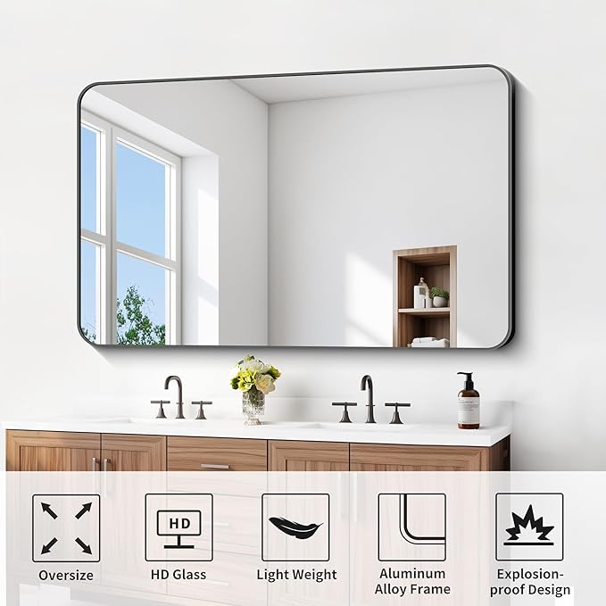FORBATH Large Bathroom Mirror 60x36 Inches, Black Oversized Wall Mirror for 2 Sinks Aluminum Frame Wall Mounted Rounded Corner Morndern Mirror for Bathroom Bedroom Entryway Living Room-StrideForce Fitness