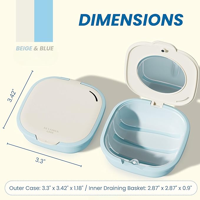 Retainer Case with Mirror and Vent Holes, Cute Slim Aligner Case Compatible with Invisalign, Magnetic Closure Orthodontic Case for Retainers and Mouth Guards (Beige & Blue)