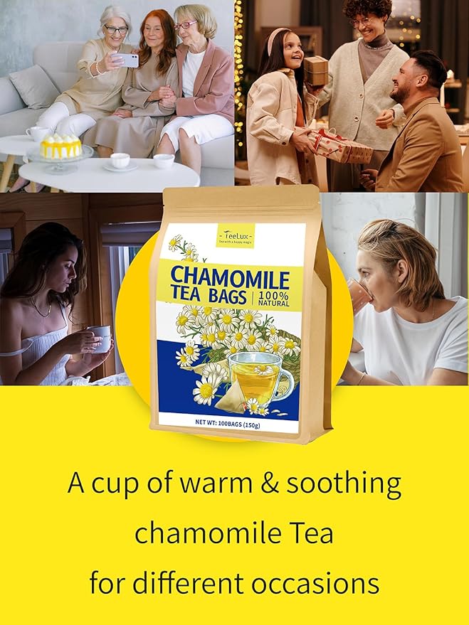 TeeLux Chamomile Tea Bags, 1.5g/bag, Pure Natural Chamomile Flowers Herbal Tea, Caffeine Free, 100 Count