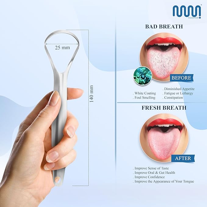 MasterMedi Tongue Scraper for Adults, 100% Stainless Steel for Bad Breath, Easy to Use, Tongue Cleaner for Oral Care (Pack of 3 with 1 Case)