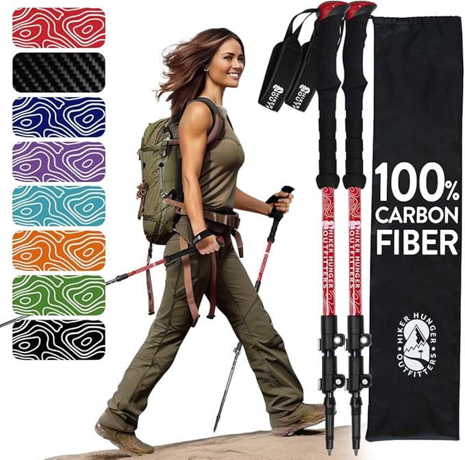 100% Carbon Fiber Trekking Poles by USA Brand - Ultra Strong Lightweight Collapsible Hiking Poles with Cork and EVA Foam Grips & Quick Adjustable Flip Locks-StrideForce Fitness