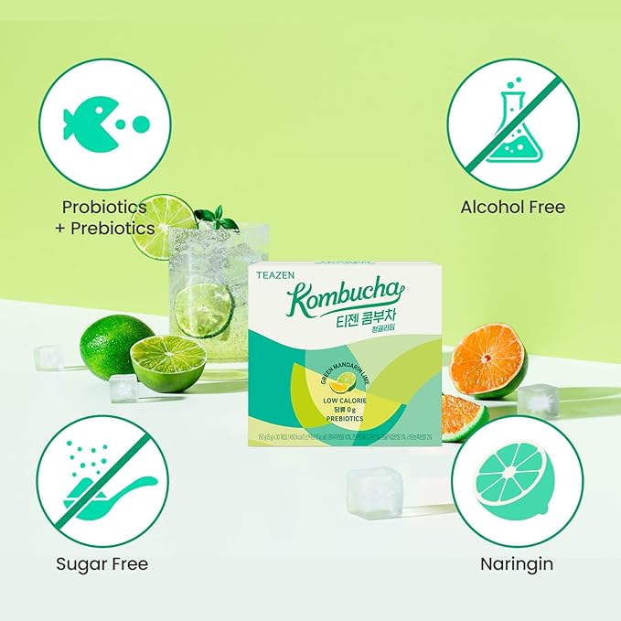 TEAZEN Green Mandarin Lime Kombucha Tea, Hydration Drink Mix, Sugar Free, Live Probiotics & Prebiotics, 30 Sticks, 5.29oz-StrideForce Fitness