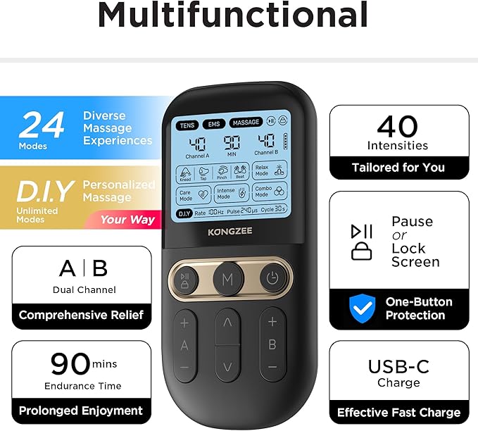 4 in 1 - D.I.Y & Tens Unit & EMS & Massage Muscle Stimulator, Dual Channel TENS Units Therapy Machine for Pain Relief, FDA Cleared Rechargeable Electronic Pulse Massager,with 12pcs Electrode Pads-StrideForce Fitness
