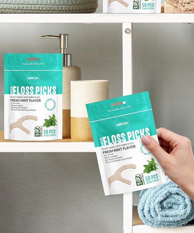 Floss Picks Biodegradable (200pcs) - Natural Dental Floss Picks, Vegan, Sustainable, Reusable, Shred Resistant and Nontoxic Plant-Based Material - Single Thread Mint