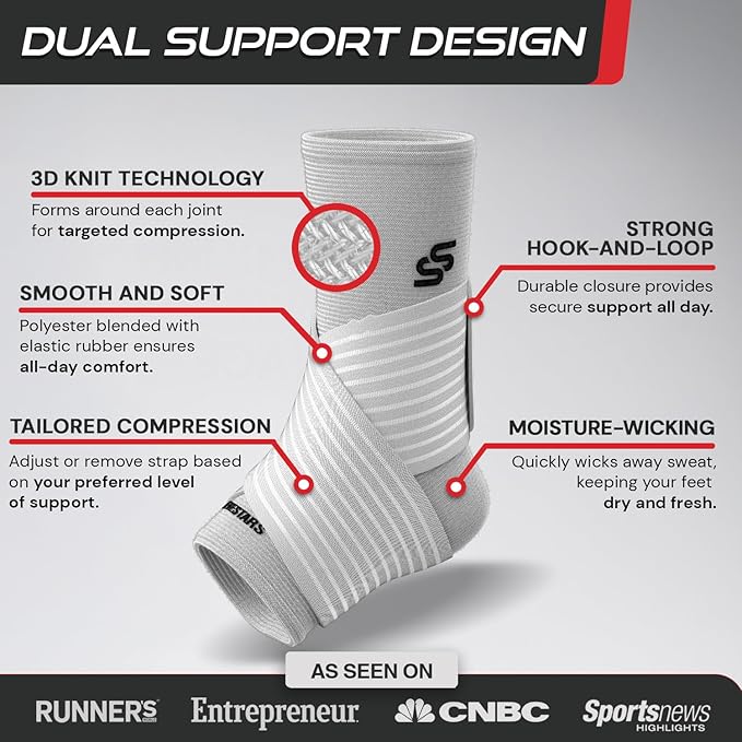 Sleeve Stars Ankle Brace for Women & Men, Ankle Wrap for Sprain, Compression Sleeve for Plantar Fasciitis Relief, Easy Customizable Support: w/ Removable Strap (Pair/M:10"-12"/White)