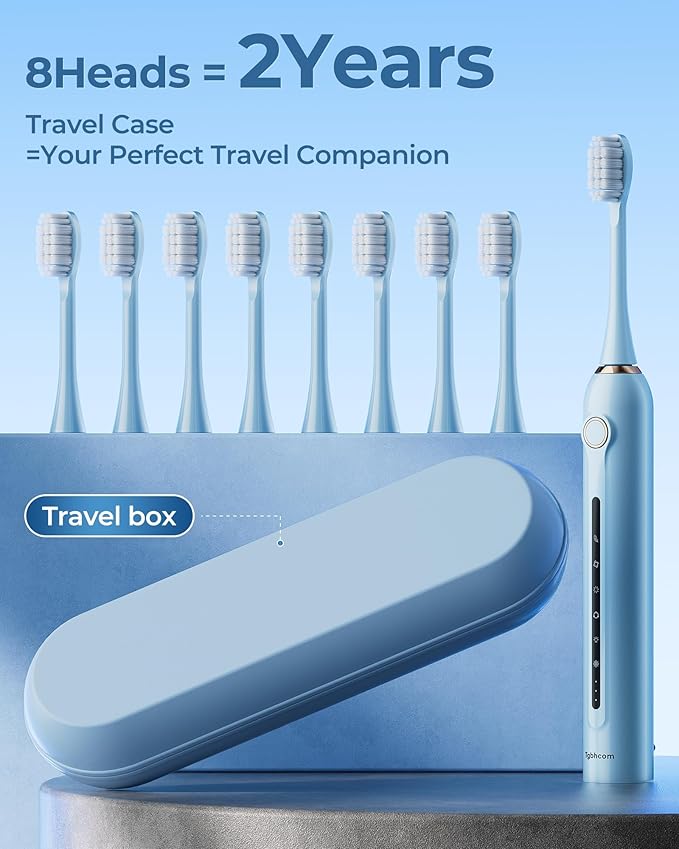 Blue Electric Toothbrushes, with 8 Brush Heads, 1 Travel Toothbrush Case, for Adults and Kid Electric Toothbrush, Long 180-Day Battery Life, 6 Different Modes, Smart 2-Minute Timer, IPX7 Waterproof