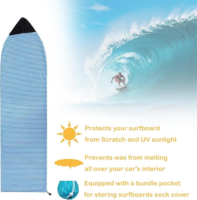 Surf Sock, Surfboard Sock Cover for Longboard Paddleboard Surf Board Sup Paddle Board, 6-8 FT Foot Quick Dry Stretch Surfboard Bag Sleeve with Drawstring Closure-StrideForce Fitness