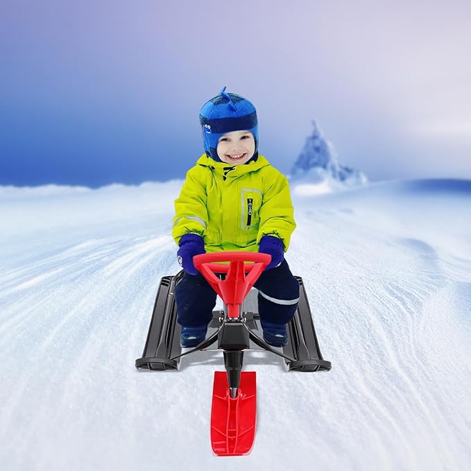 Snow Racer Sled with Steering Wheel and Brakes, Durable Steel Frame, Downhill Steerable Sled for 220 LBS Kids, Teenagers, Adults-StrideForce Fitness