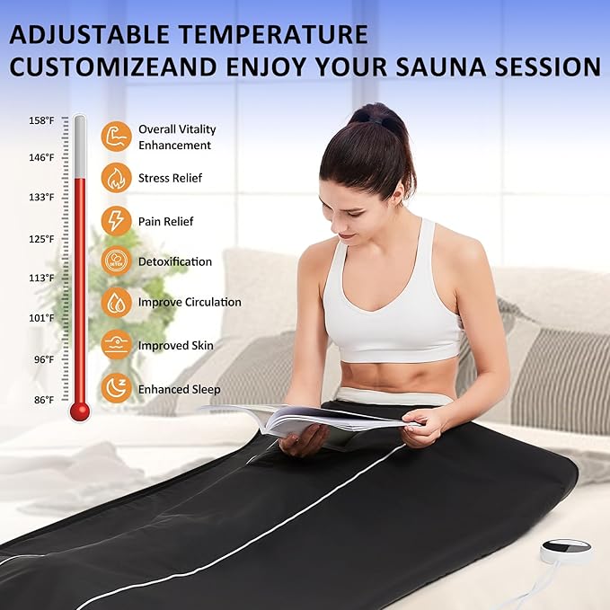 Sauna Blanket for Detoxification,Portable Blanket for Home Relaxation,Indoor Person PU Thermal Sauna for Body Recovery,86-158℉ Temp Range, 20-60 Minutes Timer,6.2ft×2.7ft-StrideForce Fitness