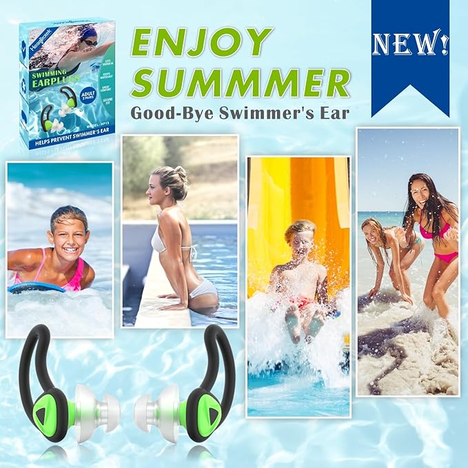 Hearprotek [2 Pairs] Ear Plugs for Swimming,Swim Ear Plugs Adults-Waterproof Silicone Water earplugs for Men Women Juniors Swimmers Pool Shower Bathing (Green)-StrideForce Fitness