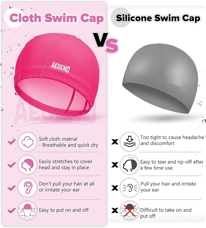 Aegend Fabric Swim Cap, Silicone Waterproof Layer - Breathable Cloth Swimming Cap, Keep Hair Dry with Hight Elasticity for Youth(8-16) Adult, 2 Sizes to Choose-StrideForce Fitness