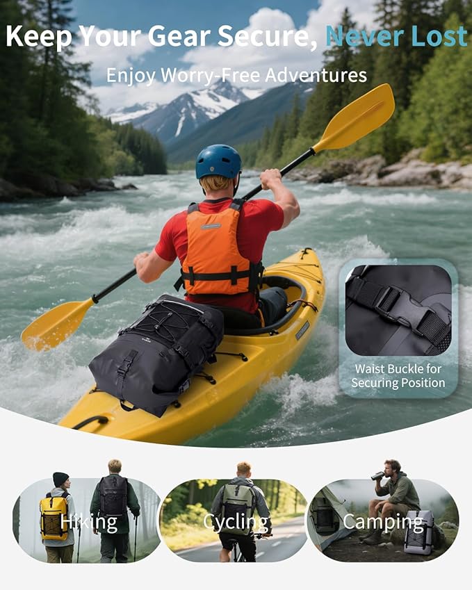 ECOHUB Waterproof Backpack for Women Men, 30L Roll-Top Closure Heavy Duty Dry Bag for Travel with IPX8 Waterproof Phone Case-StrideForce Fitness