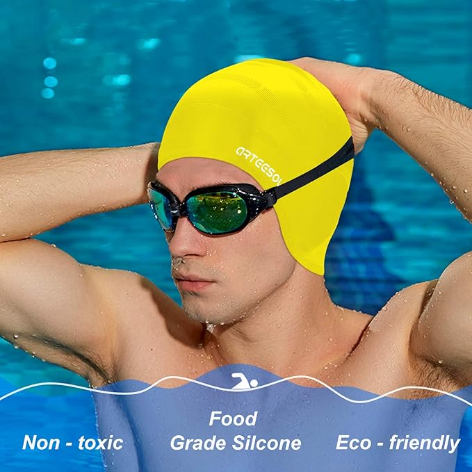 Swimming Cap, Silicone Swim Cap for Women Men, Durable Non-Slip Waterproof Swim Cap Protect Ears, Long Hair for Adults, Older Kids-StrideForce Fitness