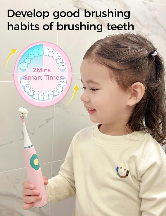 SEAGO Kids Electric Toothbrushes for Ages 5-8 with 2 Sizes Soft Brush Heads, Soft Silicone Handle, 2-Min Timer, IPX7 Waterproof, 35000VPM, Rechargeable 70 Day Battery Life with Charging Base (Pink)