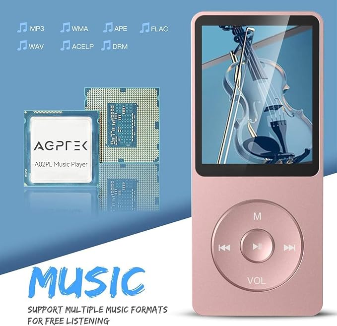 AGPTEK A02PL 64GB MP3 Player, 70 Hours Playback Lossless Sound Music Player, Supports up to 128GB(Rose Gold)-StrideForce Fitness