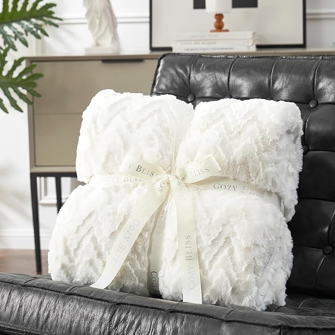Cozy Bliss Faux Fur Throw Blanket for Couch - Ultra Soft Fuzzy Cozy Throw Gift Blankets for Women,Cream White Boho Blanket for Sofa Bedroom Living Room.50 * 60 Inches-StrideForce Fitness