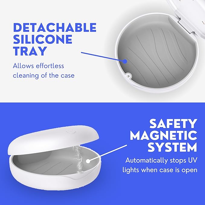 UV Retainer Case for Invisalign, Aligners, Dental Braces, Mouth Guard, Dentures and Night Guard - Small and Portable UV Retainer Cleaner Case with UVC Lights (Pink & White)