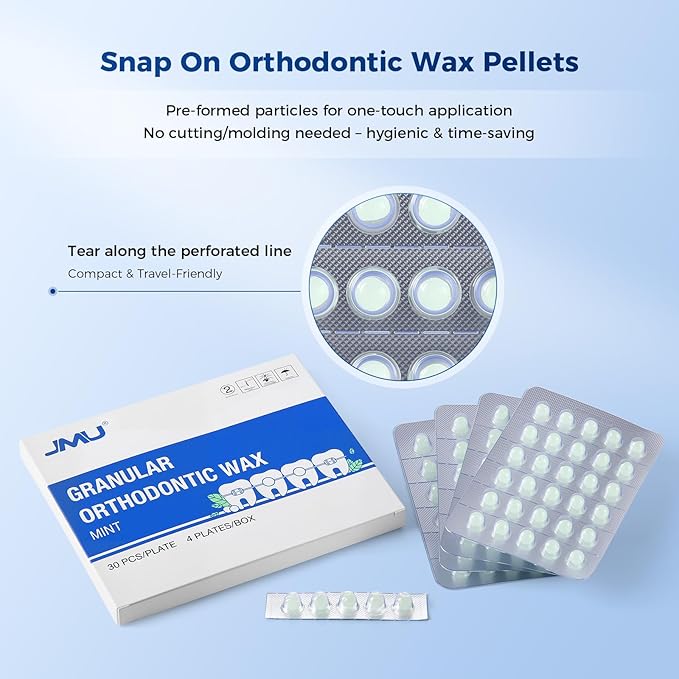 JMU Orthodontic Wax for Braces, 120 Dental Wax Dots, Hygienic Individual Wraps, Mint Flavored Dental Wax for Comfort & Protection