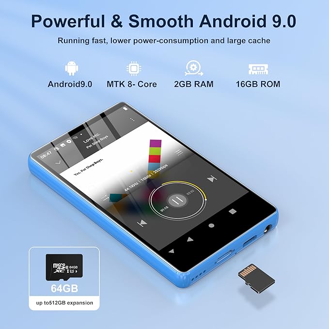 80GB MP3 Player with Bluetooth and WiFi,4-inch Touch Screen MP3 Player with Bluetooth, Spotify, Amazon Music, Audible, Spotify Kids, Pandora, M503Pro Andriod MP4 & MP3 Music Player up to 1TB Blue-StrideForce Fitness