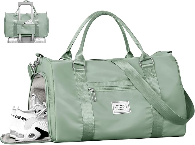 FIORETTO Womens Gym Tote Duffle Bag with Wet Pocket & Shoe Compartment, Sports Duffel Overnight Weekender Hospital Workout Carry on Bag for Girls, Ideal for Travel, Swimming, Dance, Ballet Celadon-StrideForce Fitness