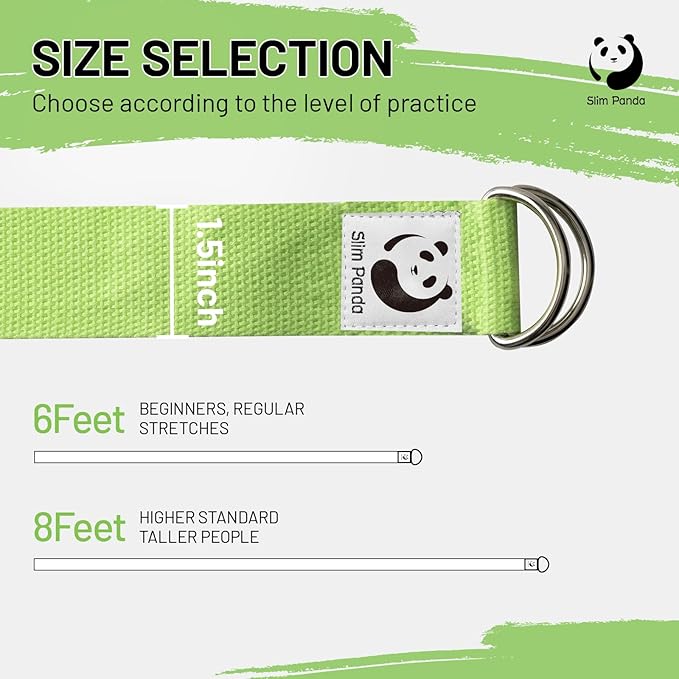 Slim Panda Yoga Strap for Stretching,Cotton Yoga Strap with Adjustable D-Ring Buckle,Non-Elastic Yoga Belt for Pilates,Gym Workouts,Physical Therapy,Improve Flexibility-StrideForce Fitness