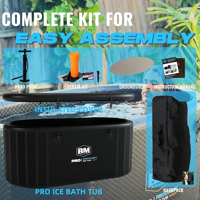 Inflatable Ice Bath Tub for Athletes - Cold Plunge Tub Compatible Water Chiller, Insulated Lid, EVA Groundsheet, Backpack, 115 Gallon, 59" L x 31.5" W x 23.6" H-StrideForce Fitness