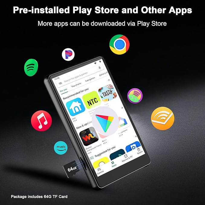 96GB MP3 Player with Bluetooth and WiFi, 4.1" Touch Screen, Silicone Protective case, Octa-core, MP4 Player for Spotify, Pandora, 96GB Storage Up to 1Tb, Android Music Player for Parental Control, FM-StrideForce Fitness