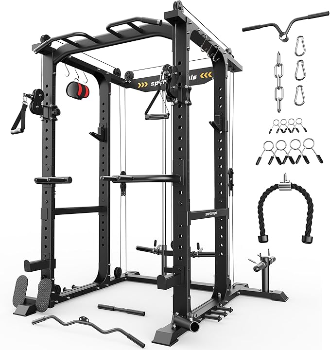 Sportsroyals Power Cage,1600lbs Multi-Function Power Rack with Adjustable Cable Crossover System and More Training Attachment, Weight Cage for Home Gym-StrideForce Fitness