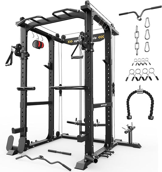 Sportsroyals Power Cage,1600lbs Multi-Function Power Rack with Adjustable Cable Crossover System and More Training Attachment, Weight Cage for Home Gym-StrideForce Fitness
