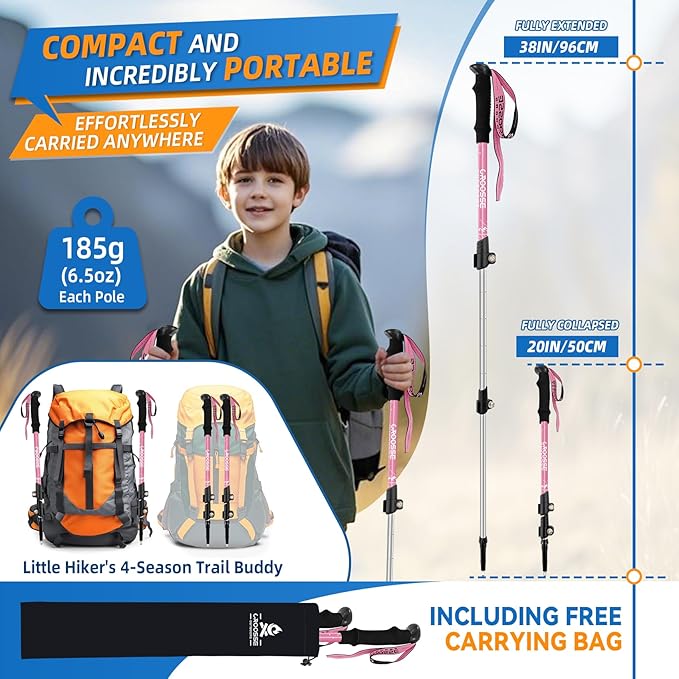 Lightweight Collapsible Kids Hiking Poles - Retractable Kids Hiking Stick, Telescoping Aluminum Trekking Poles 2 Pack, Adjustable Kids Ski Poles by Croosse-StrideForce Fitness