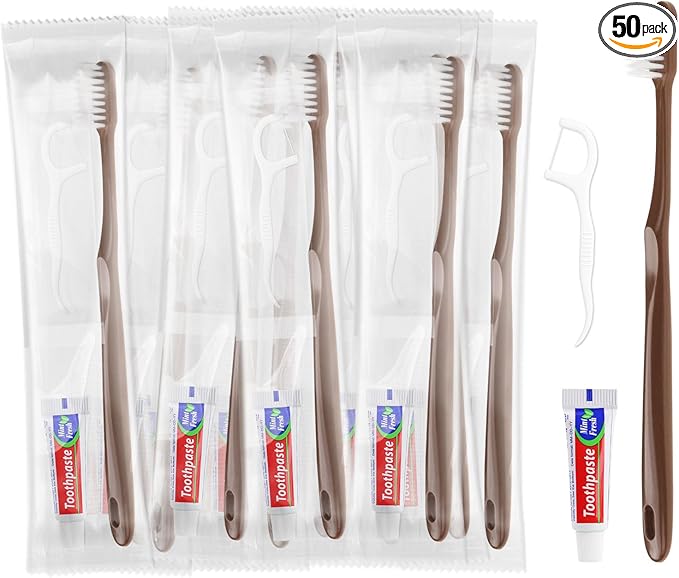 Disposable Toothbrushes with Toothpaste, Travel Toothbrush Kit, Individually Packaged, Brown, with Floss Picks, Suitable for Hotel, Home, Camping, Travel (50-Pack)