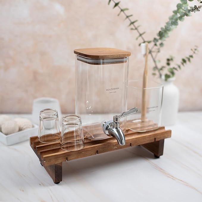 Glass Mouthwash Dispenser for Bathroom Decor with Bathroom Cups, Glass Electric Toothbrush Holder and Wooden Tray – Minimalist Bathroom Accessories for Home Decor - ZUTT