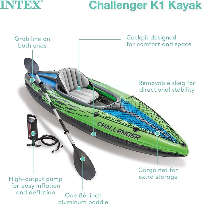 INTEX Challenger Inflatable Kayak Series: Includes Deluxe 86in Kayak Paddles and High-Output Pump – SuperStrong PVC – Adjustable Seat with Backrest – Removable Skeg – Cargo Storage Net-StrideForce Fitness