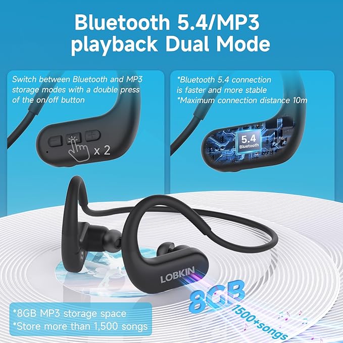 LOBKIN Waterproof Earbuds for Swimming, Bone Conduction Headphones IPX8 Swimming Headphones 8GB Memory Bluetooth 5.4 Wireless 8H Playtime in Ear Underwater Sport Earphones for Swimming, Running-StrideForce Fitness