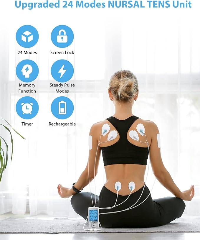 NURSAL 24 Modes TENS Unit Muscle Stimulator with Continuous Stimulation, Rechargeable Electronic Pulse Massager with 8 Pads for Back and Shoulder Pain Relief and Muscle Strength (Silver)-StrideForce Fitness
