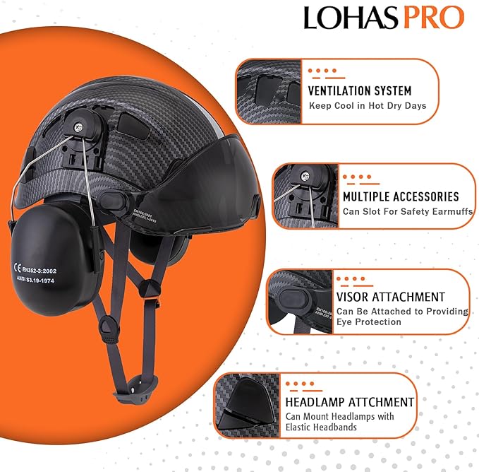 LOHASPRO Arborist Forestry Helmet Safety Hard Hat with Visor and Ear Muffs Carbon Fiber Hard Hat for Logging Chainsaw Helmet Mowing(Black Graphite Pattern with Smoked Visor+Earmuffs)-StrideForce Fitness