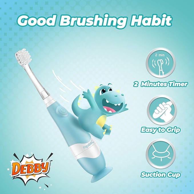Papablic Toddler Sonic Electric Toothbrush Kids for Ages 1-3 Years, Baby Electric Toothbrush with Cute Dino Cover and Smart LED Timer, 2 Brush Heads (Debby)