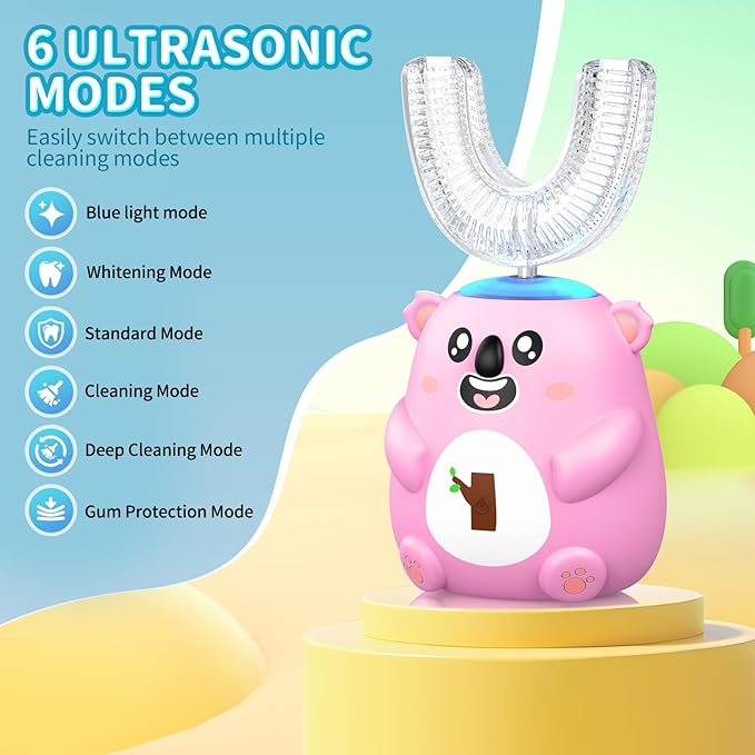Kids U Shaped Electric Toothbrush, Automatic 360° Sonic Cleaning, 6 Modes, 4 Brush Heads, Cute Cartoon Koala Design (2-6 Age (Pink))