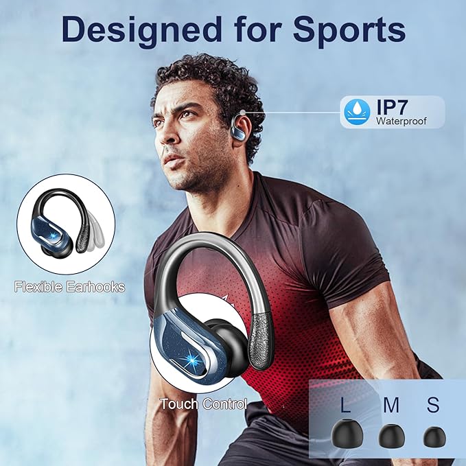 Wireless Earbud, Bluetooth 5.4 Headphones IP7 Waterproof Sport, 75Hrs Running Wireless Earphones with ENC Noise Canceling Mic, Deep Bass Over Ear bud with Earhooks for Android, iOS, Workout, Gym, Blue-StrideForce Fitness